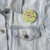 Mauve Flower Bird Custom Name Button Green (In situ)