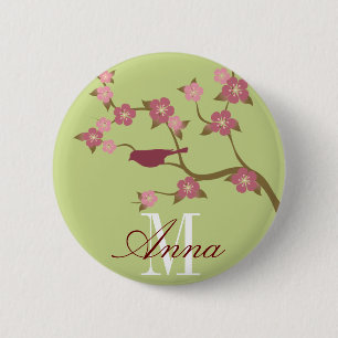 Mauve Flower Bird Custom Name Button Green