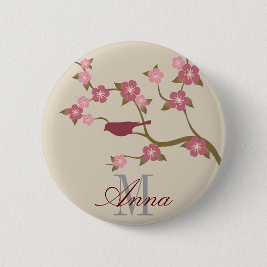 Mauve Flower Bird Custom Name Button Grey (Voorkant)