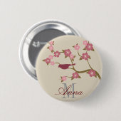 Mauve Flower Bird Custom Name Button Grey (Voorkant /achterkant)