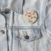 Mauve Flower Bird Custom Name Button Grey (In situ)