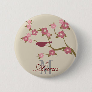 Mauve Flower Bird Custom Name Button Grey