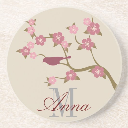 Mauve Flower Bird Custom Name Onderzetter Grey (Voorkant)