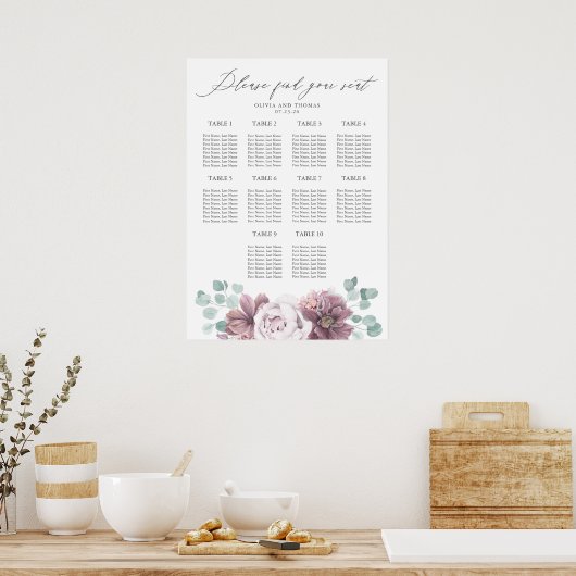 Mauve Flowers en Eucalyptus Wedding Zitting Grafie Poster (Keuken)