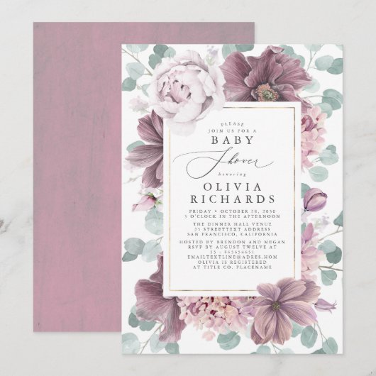 Mauve Flowers en Groen Elegant Baby shower Kaart (Voorkant / Achterkant)