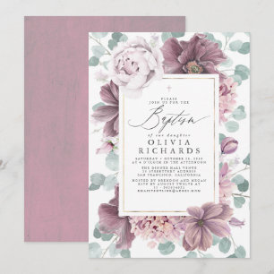 Mauve Flowers Eucalyptus Leaves Elegant Baptism Kaart