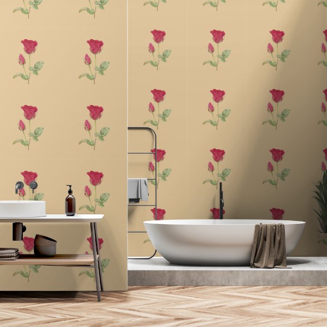 Mauve Flowers op Beige Behang (Badkamer)