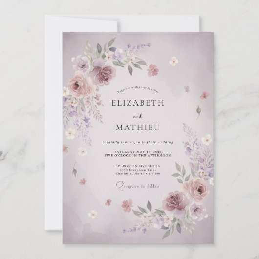 Mauve Fluisterende Bloem Bruiloft Kaart (Voorkant)