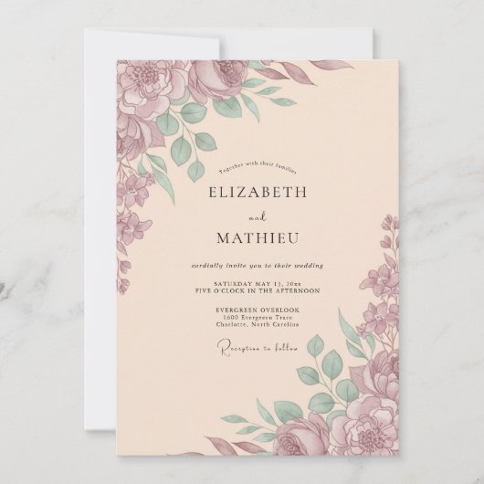 Mauve Gedempte Romantische Bruiloft Kaart (Voorkant)