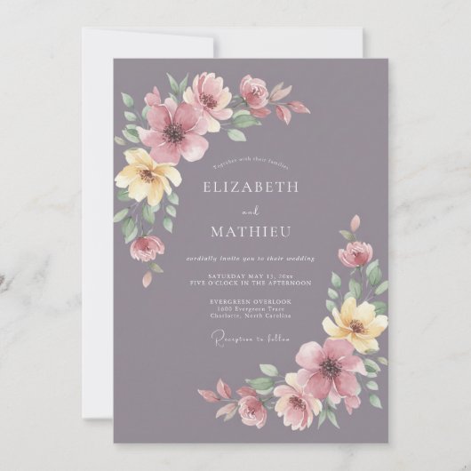 Mauve Gele Bloem Huwelijk Kaart (Voorkant)