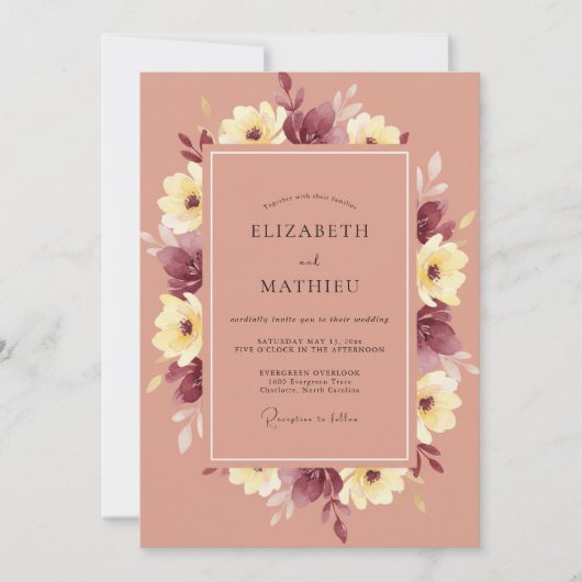 Mauve Gele Bloesem Bruiloft Kaart (Voorkant)