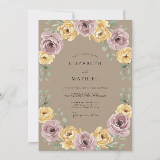 Mauve Gele Botanische Lauriers Bruiloft Kaart (Voorkant)