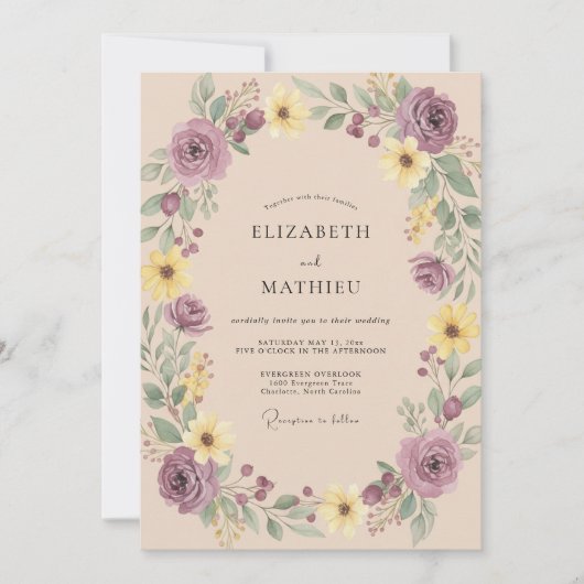Mauve Gele Krans Bruiloft Kaart (Voorkant)