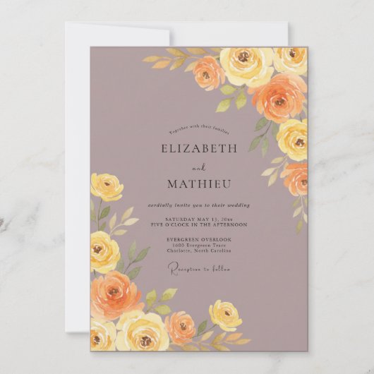 Mauve Gele Ranunculus Eucalyptus Bruiloft Kaart (Voorkant)