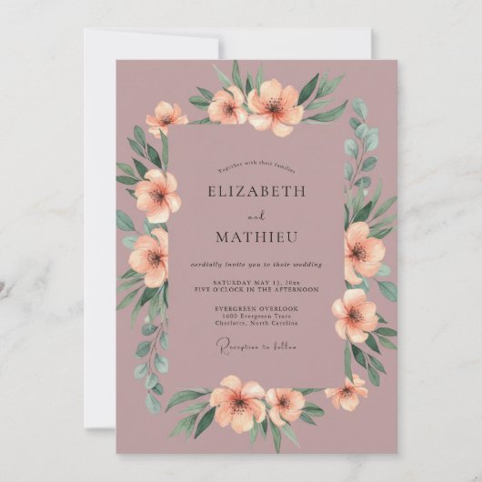 Mauve Geschilderde Bloem Bruiloft Kaart (Voorkant)