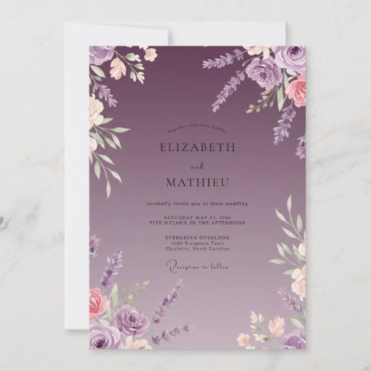 Mauve Geschilderde Bloemblaadjes Bruiloft Kaart (Voorkant)