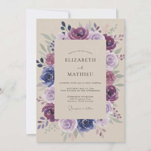 Mauve Geschilderde Krans Bruiloft Kaart (Voorkant)
