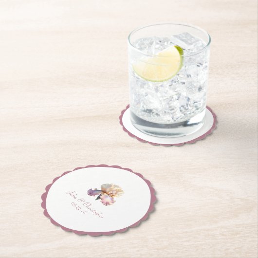 Mauve geschulpte rand, blozen bloem bruiloft kartonnen onderzetters (Insitu)
