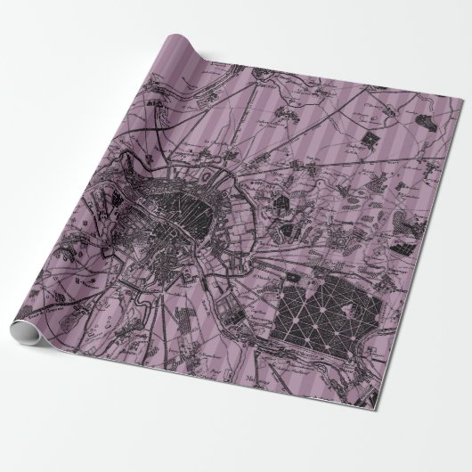 Mauve gestreepte antieke kaart cadeaupapier (Uitgerold)