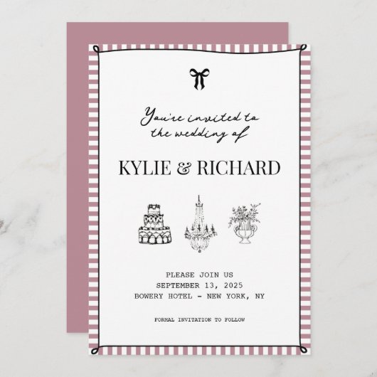 Mauve gestreepte rand save the date uitnodiging (Voorkant / Achterkant)