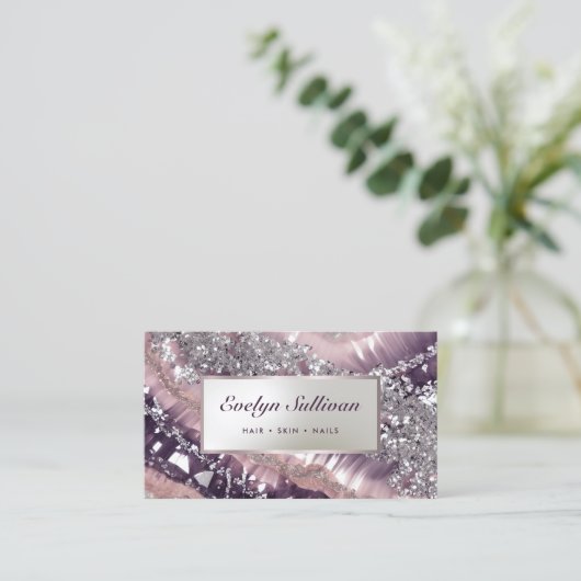Mauve glitter marmer visitekaartje (Staand voorkant)