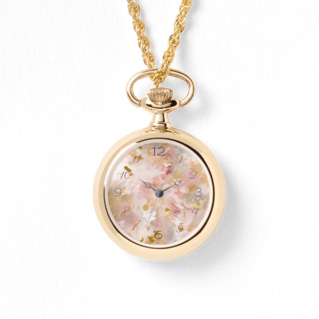 Mauve & Gold Bloemen Abstract Ketting Horloge (Voorkant)