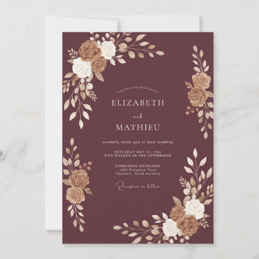 Mauve Gouden Blad Bruiloft Kaart (Voorkant)