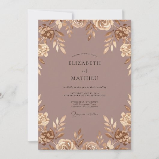 Mauve Gouden Blad Bruiloft Kaart (Voorkant)