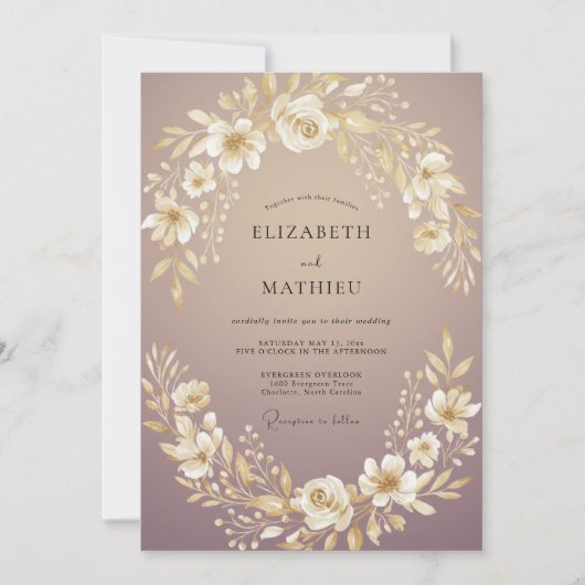 Mauve Gouden Bloem Bruiloft Kaart (Voorkant)