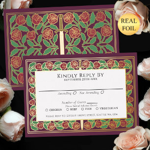 Mauve Gouden Bloem Zwaard Koninklijke Trouw RSVP Folie Uitnodiging