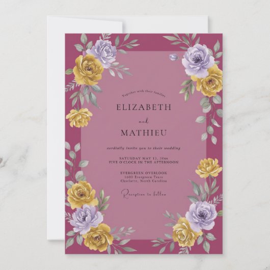 Mauve Gouden Bloemblad Bruiloft Kaart (Voorkant)