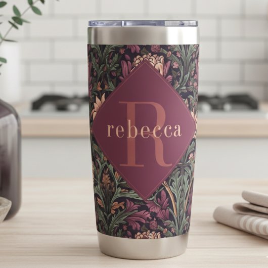 Mauve Green Floral William Morris Elegant Monogram Geïsoleerde Drinkbeker