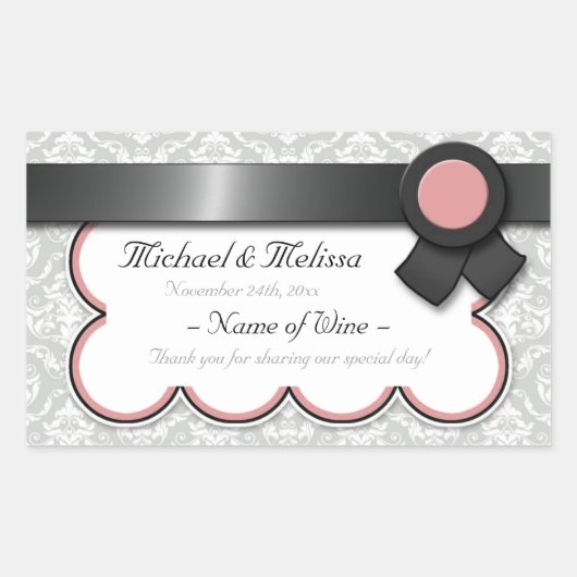 Mauve & Grey Damask Wedding Wine Bottle Labels (Voorkant)