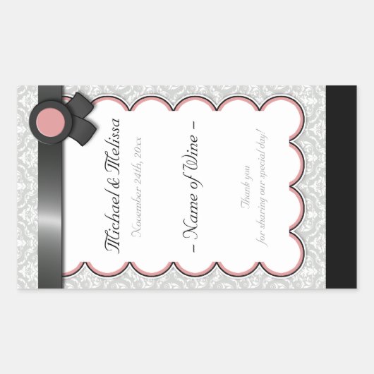 Mauve & Grey Damask Wedding Wine Bottle Labels (Voorkant)