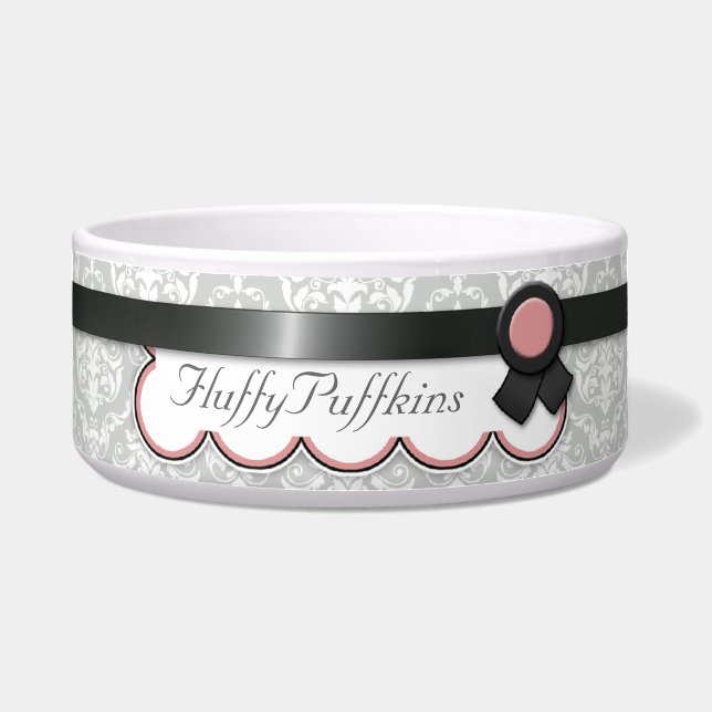 Mauve & Grey Ribbon Design Damask Dog Bowl Voerbakje (Voorkant)