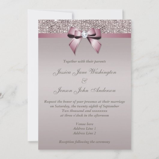 Mauve Grey Sequins Diamonds Bow Wedding Kaart (Achterkant)