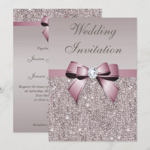 Mauve Grey Sequins Diamonds Bow Wedding Kaart