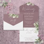 Mauve groen bloemen monogram bruiloft all in one uitnodiging