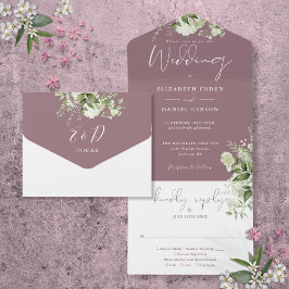 Mauve groen bloemen monogram bruiloft all in one uitnodiging
