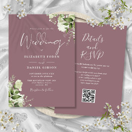 Mauve Groen Bloemen QR Code Bruiloft Kaart