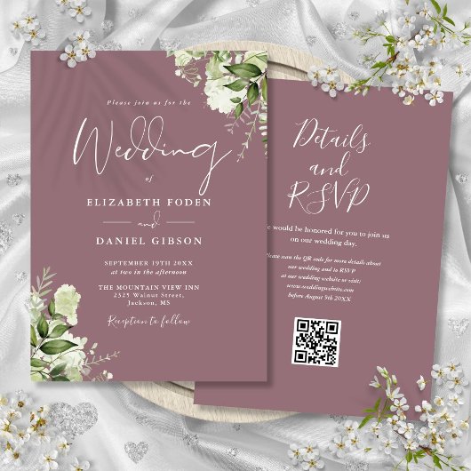 Mauve Groen Bloemen QR Code Bruiloft Kaart