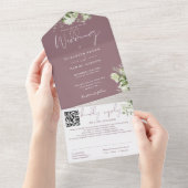 Mauve groen monogram QR code bruiloft All In One Uitnodiging (Afscheurbaar)