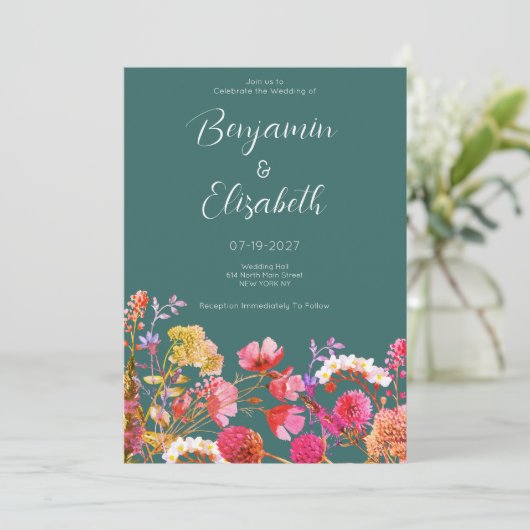 Mauve groen sinaasappel roze geel zomer bruiloft kaart (Staand voorkant)