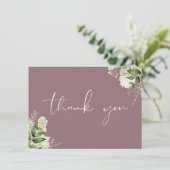Mauve groene bloemrijke elegante script bedankkaart (Staand voorkant)