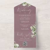 Mauve groene bloemrijke QR-code monogram bruiloft All In One Uitnodiging (Binnen)