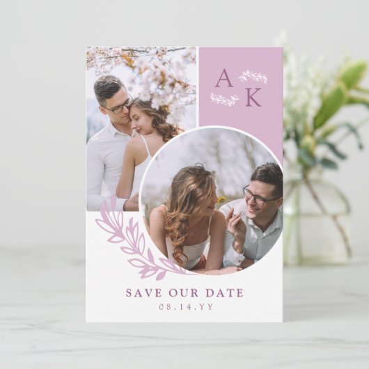 Mauve Groene Overlappende Foto's Save The Date (Staand voorkant)