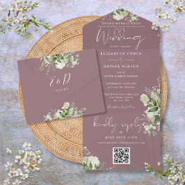 Mauve Groene QR Code Formele Trouwdag All In One Uitnodiging