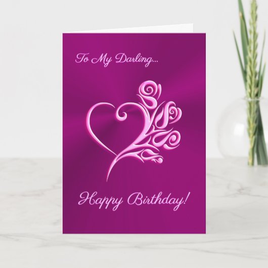 Mauve Hart en Rozen, Romantisch Happy Birthday Kaart (Voorkant)