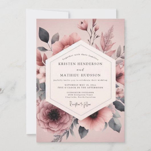 Mauve Houtskool Bloemen Bruiloft Kaart (Voorkant)