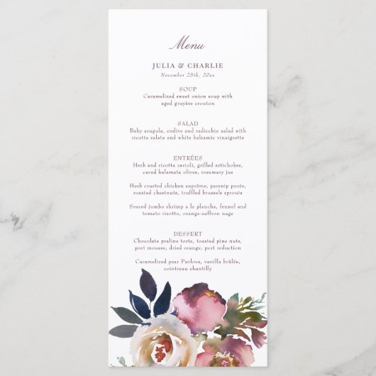 Mauve Indigo Waterverf Roos Wedding Menu (Voorkant)